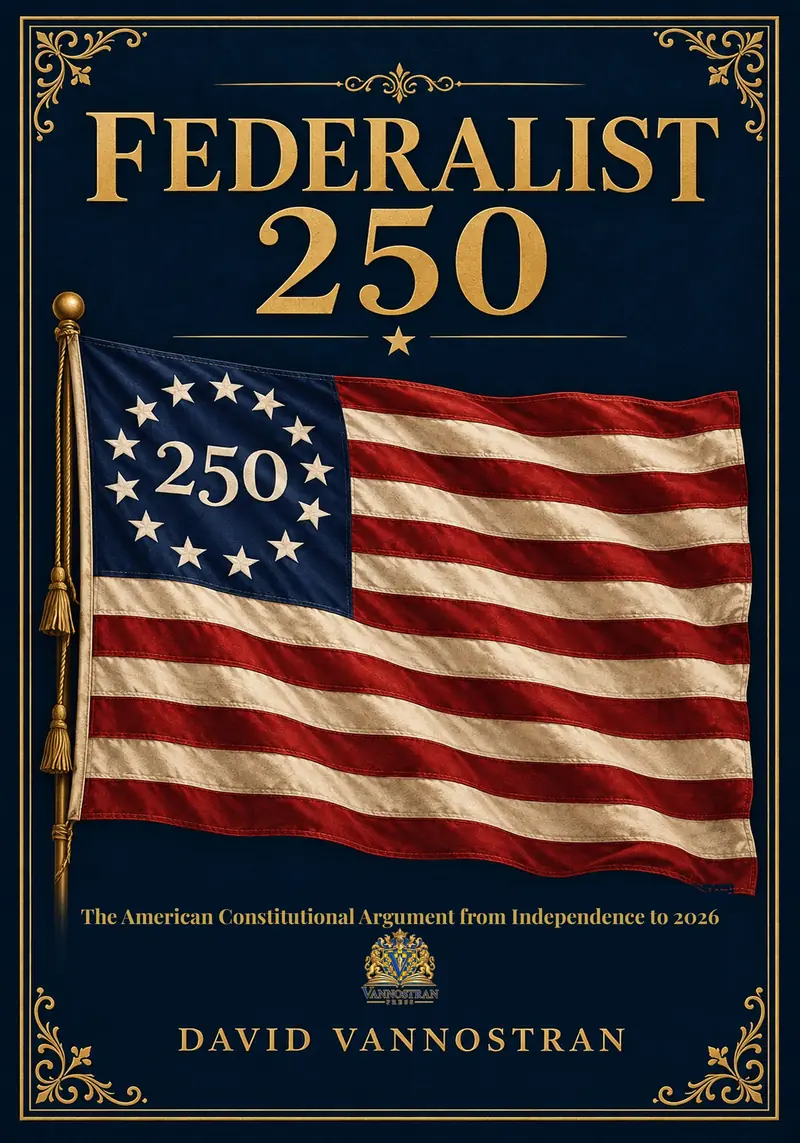 Federalist 250 by David Vannostran, with a navy and gold cover and an American flag