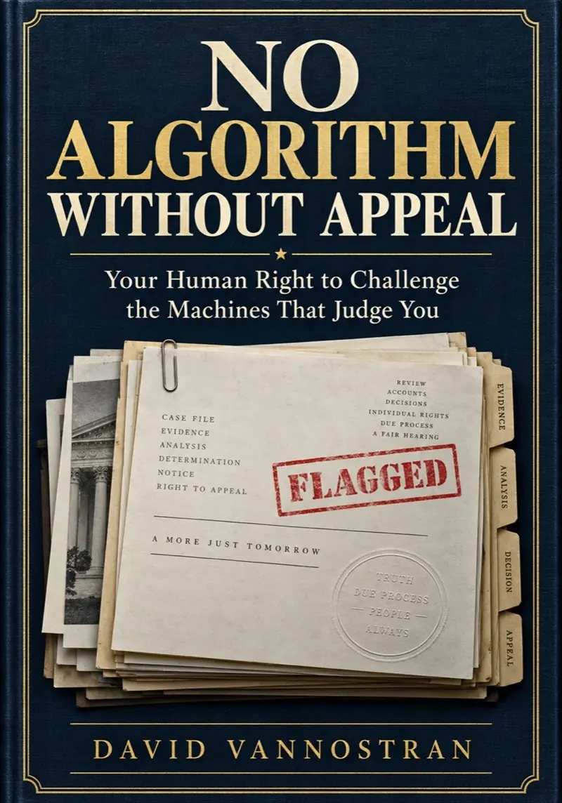 No Algorithm Without Appeal by David Vannostran, featuring a flagged case file on a navy and gold cover